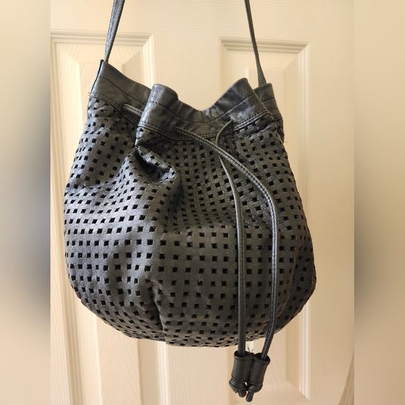 Brio Black Perforated Leather Bucket Bag - Picture 1 of 9